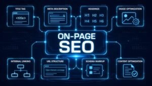 Digital flowchart diagram detailing core On-Page SEO components surrounding a central "ON-PAGE SEO" header, including Title Tag, Meta Description, Headings (H1-H6), Image Optimization, Internal Linking, URL Structure, Schema Markup, and Content Optimization.