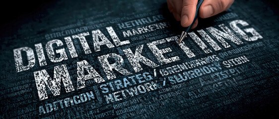 Hand pointing a pen toward bold text reading "Digital Marketing" surrounded by strategy, network, and marketing concept keywords on a dark textured background.