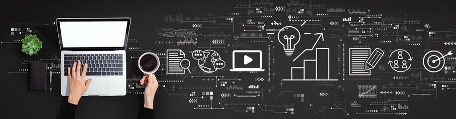 Person typing on an open laptop with a blank white screen next to a cup of coffee, surrounded by digital marketing and content strategy icons on a dark background.