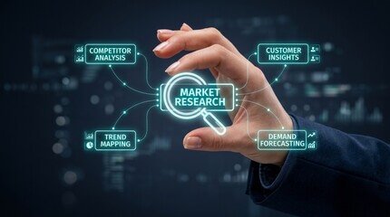 Hand holding magnifying glass icon for market research and digital marketing services strategy