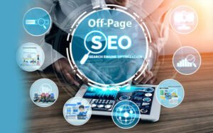 Person working on a tablet with a digital graphic overlay showing "Off-Page SEO Search Engine Optimization" surrounded by circular icons representing link building, social media sharing, search analytics, and web optimization.