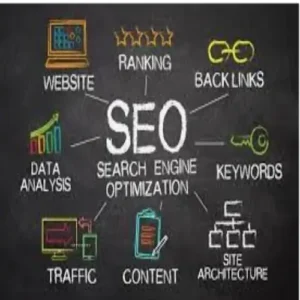 Chalkboard drawing centered on "SEO SEARCH ENGINE OPTIMIZATION" surrounded by colorful sketches and labels for Website, Ranking, Back Links, Keywords, Site Architecture, Content, Traffic, and Data Analysis.