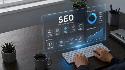 Hands typing on keyboard analyzing SEO digital marketing services dashboard and analytics