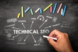 Hand writing "TECHNICAL SEO" in white chalk on a blackboard, with arrows branching out to icons labeled Speed, Mobile, Usability, Errors, Metadata, Loading, Optimization, and Ranking, alongside colorful chalk pieces.