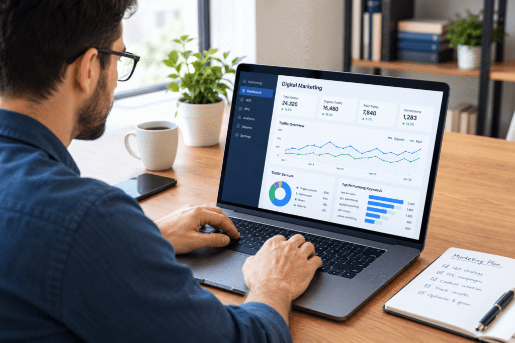 A man working on a laptop and reviewing a digital marketing dashboard showing website traffic, SEO performance, PPC campaigns, and keyword analytics