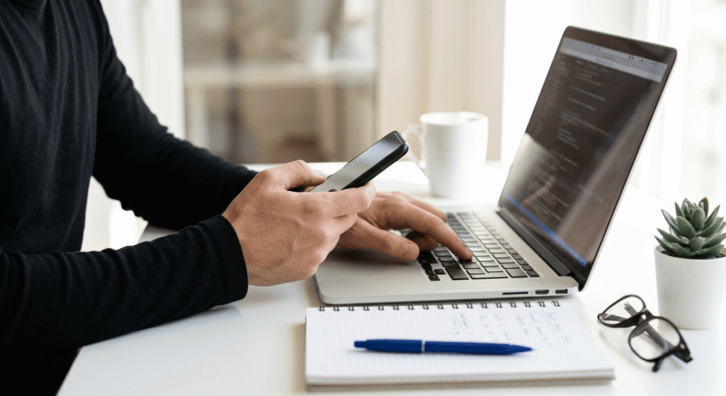 Person using smartphone and laptop for digital marketing services workspace